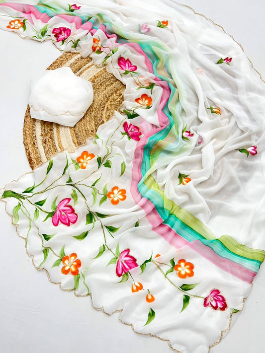 RUBEE β Beautiful White Georgette Handwork Floral Saree