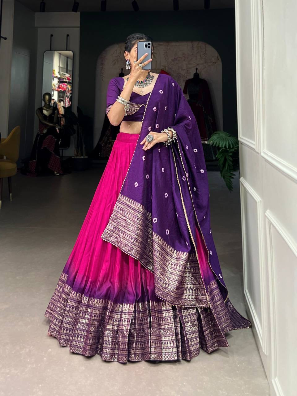 MYNAA — Pink x Purple Chanderi Half Saree Lehenga