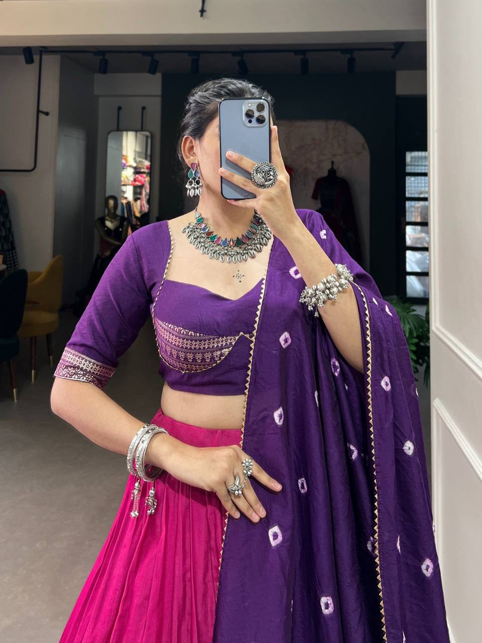 MYNAA — Pink x Purple Chanderi Half Saree Lehenga