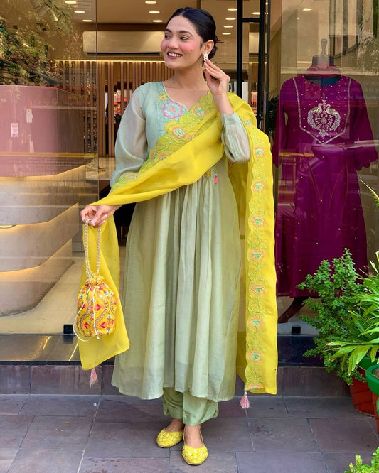 Green yellow kurti set - Laksharaa Sarees