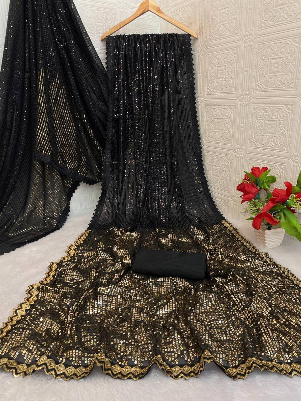 ALIE β Premium Gold x Black Georgette Saree