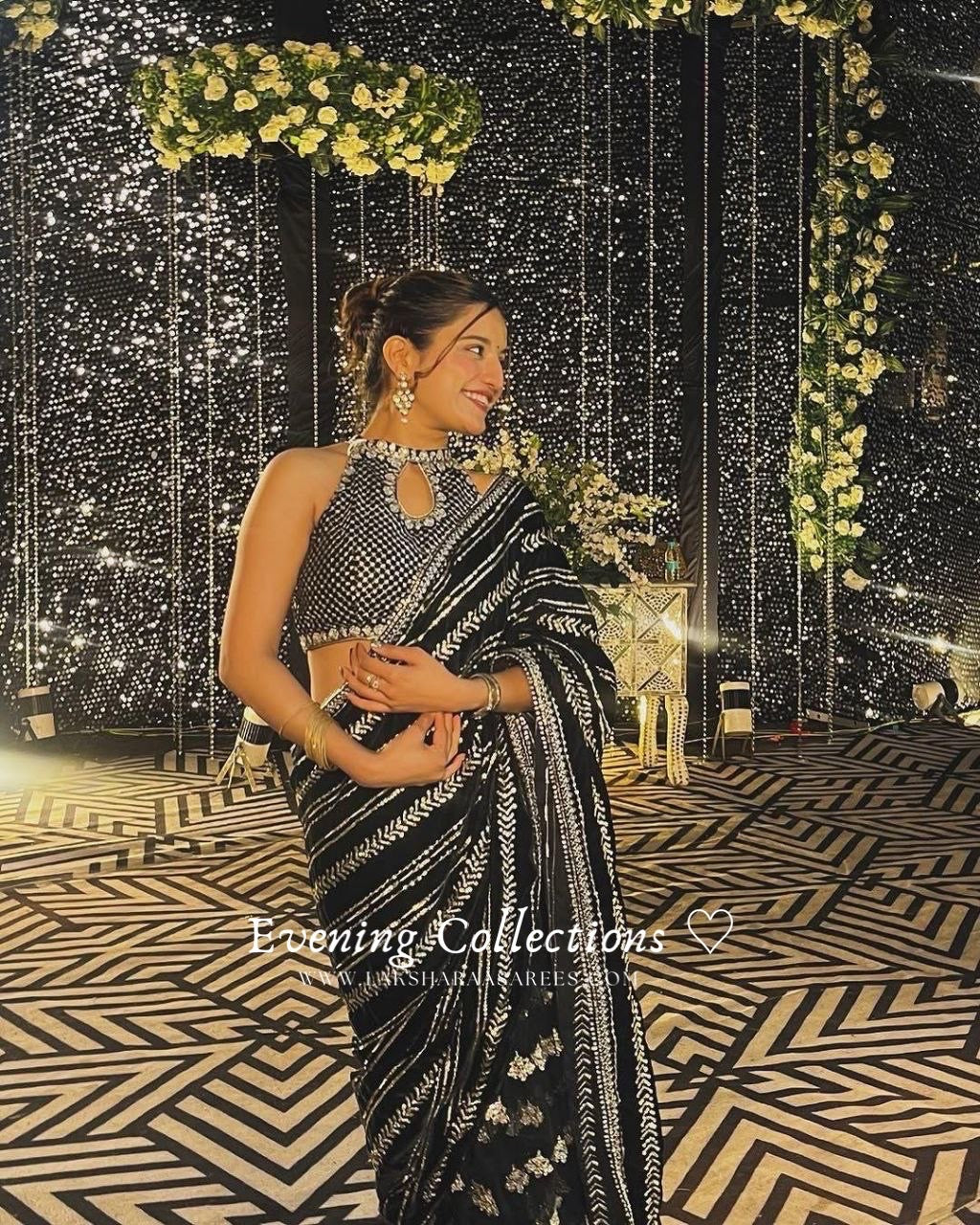 Black Georgette Partywear Saree x Halter Top Blouse