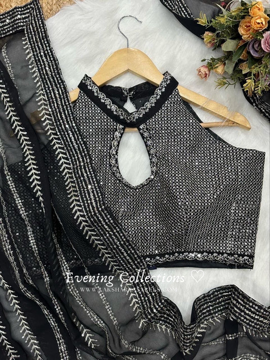 Black Georgette Partywear Saree x Halter Top Blouse