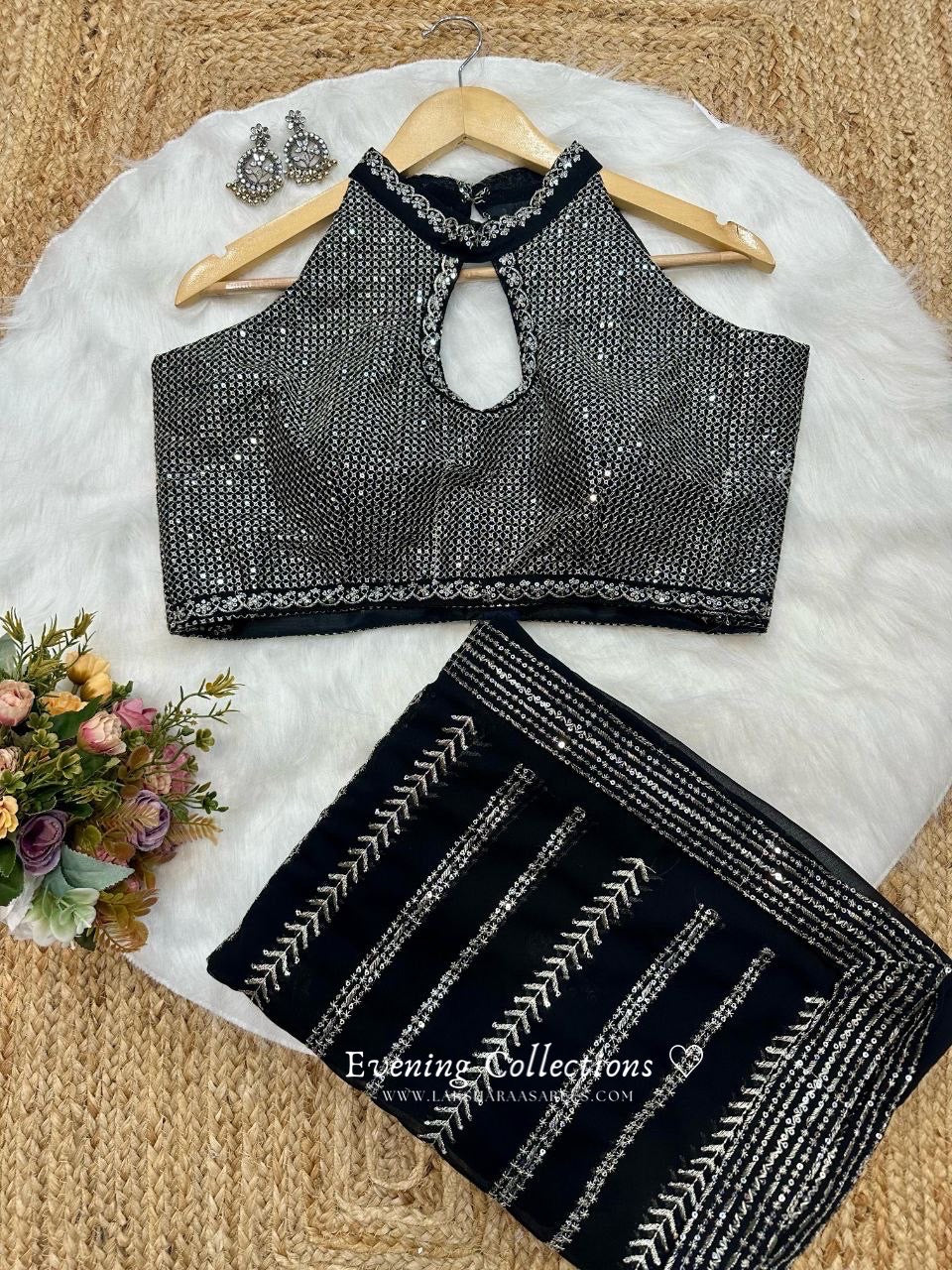 Black Georgette Partywear Saree x Halter Top Blouse