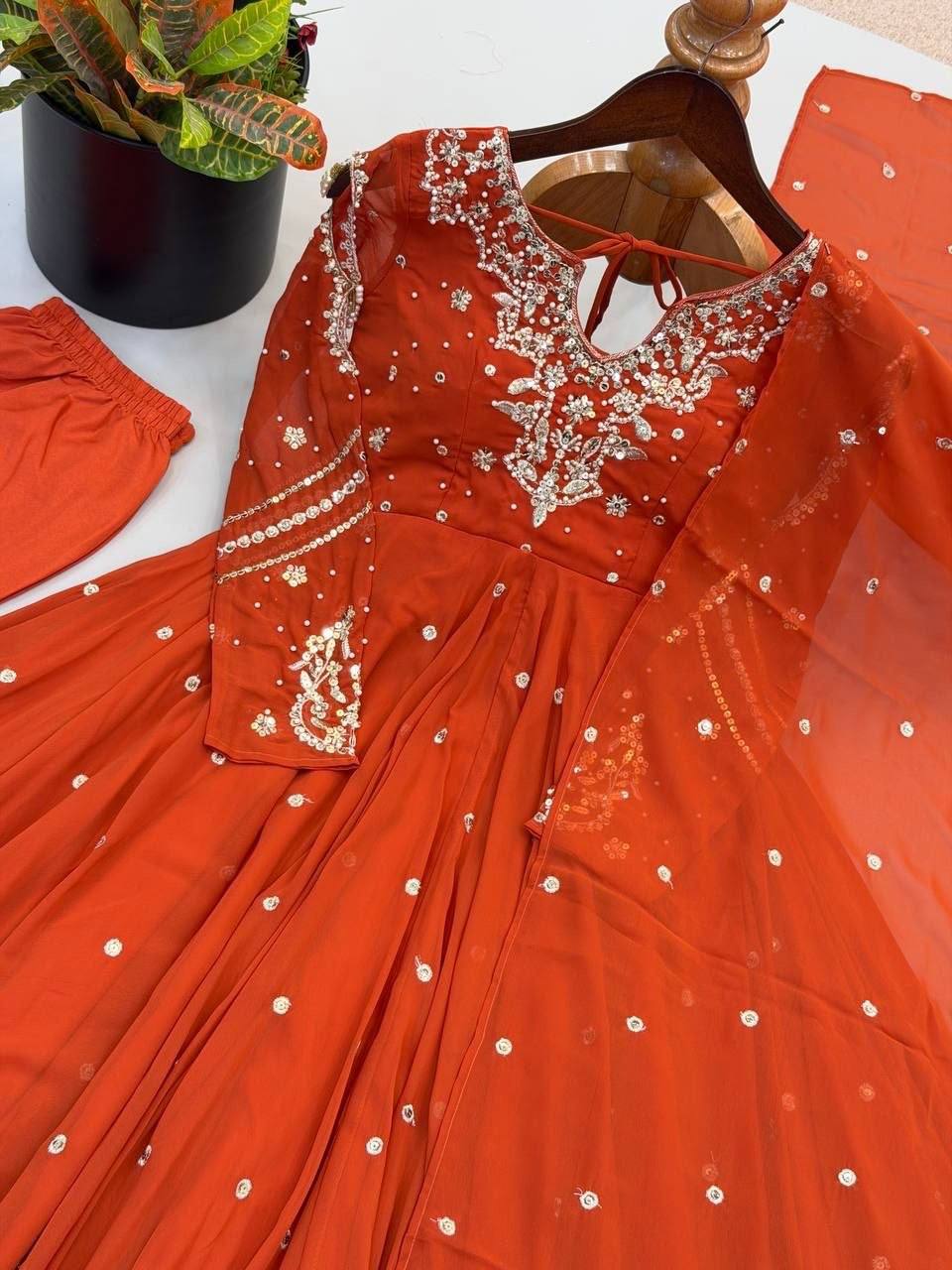 Laksharaa Sarees MAHASI - Georgette Anarkali Burnt Orange Close-up Embroidery Detail