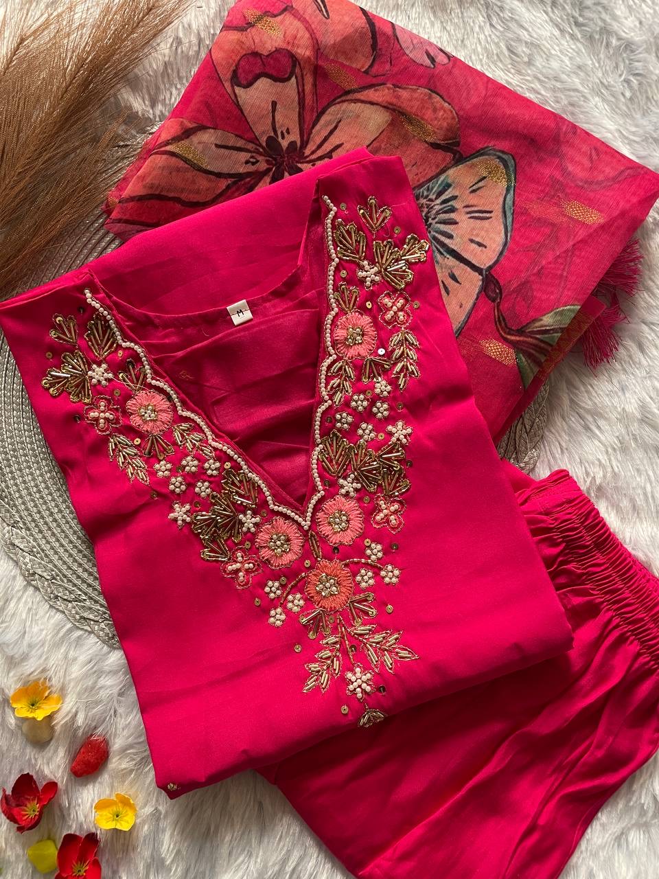 Rani Pink Floral Kurti Set