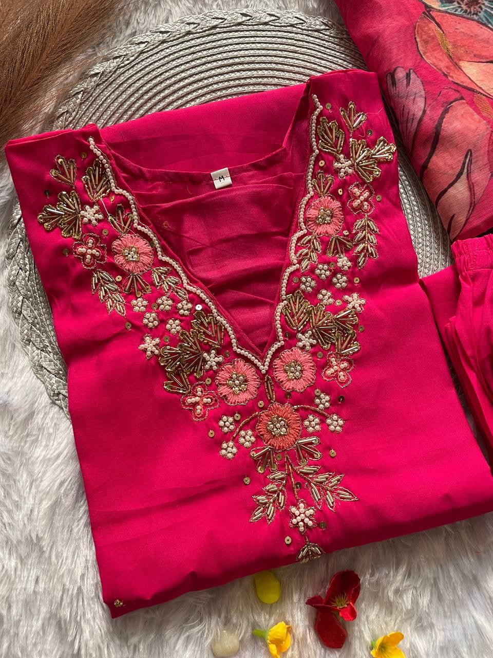 Rani Pink Floral Kurti Set