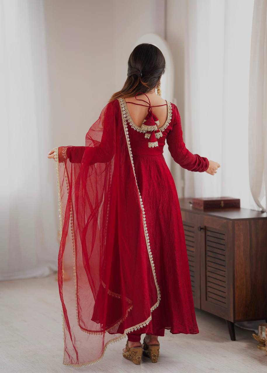 Laksharaa Sarees SANRIA - Premium Crush Silk Anarkali Suit Burgundy