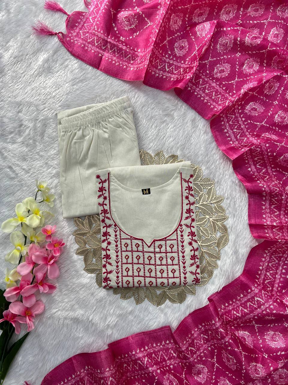 Laksharaa Sarees White x Pink Kurti Suit Off-White Flat Lay