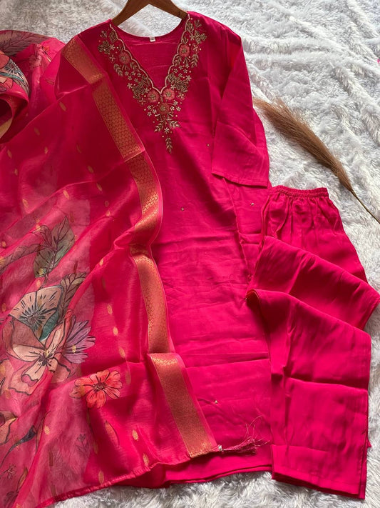 Rani Pink Floral Kurti Set