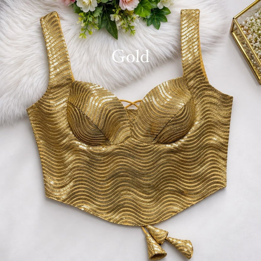 Gold corset style partywear blouse with sequin wave embroidery