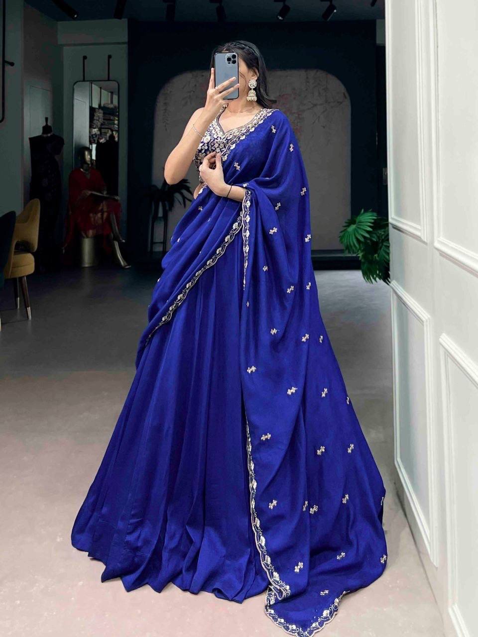 Laksharaa Sarees MAYA - Kashmiri Flowy Lehenga Royal Blue front view with embroidered blouse and draped dupatta