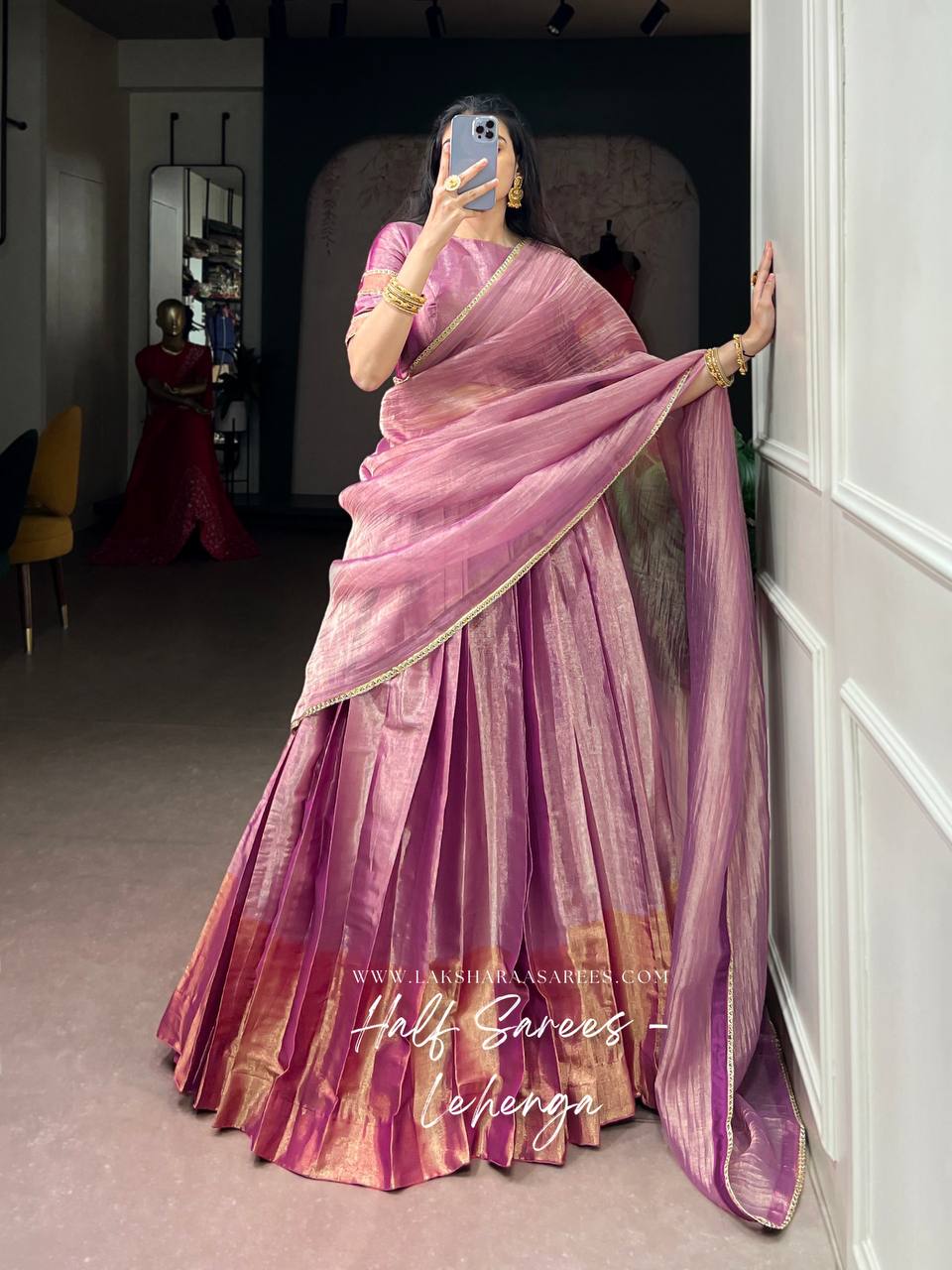 Laksharaa Sarees GEETHA โ PINK tissue Zari half saree lehenga Pink