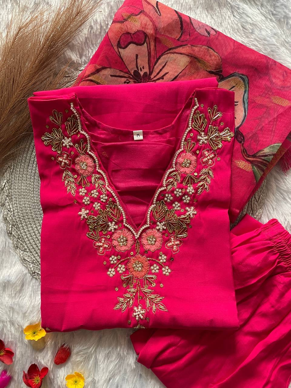 Rani Pink Floral Kurti Set