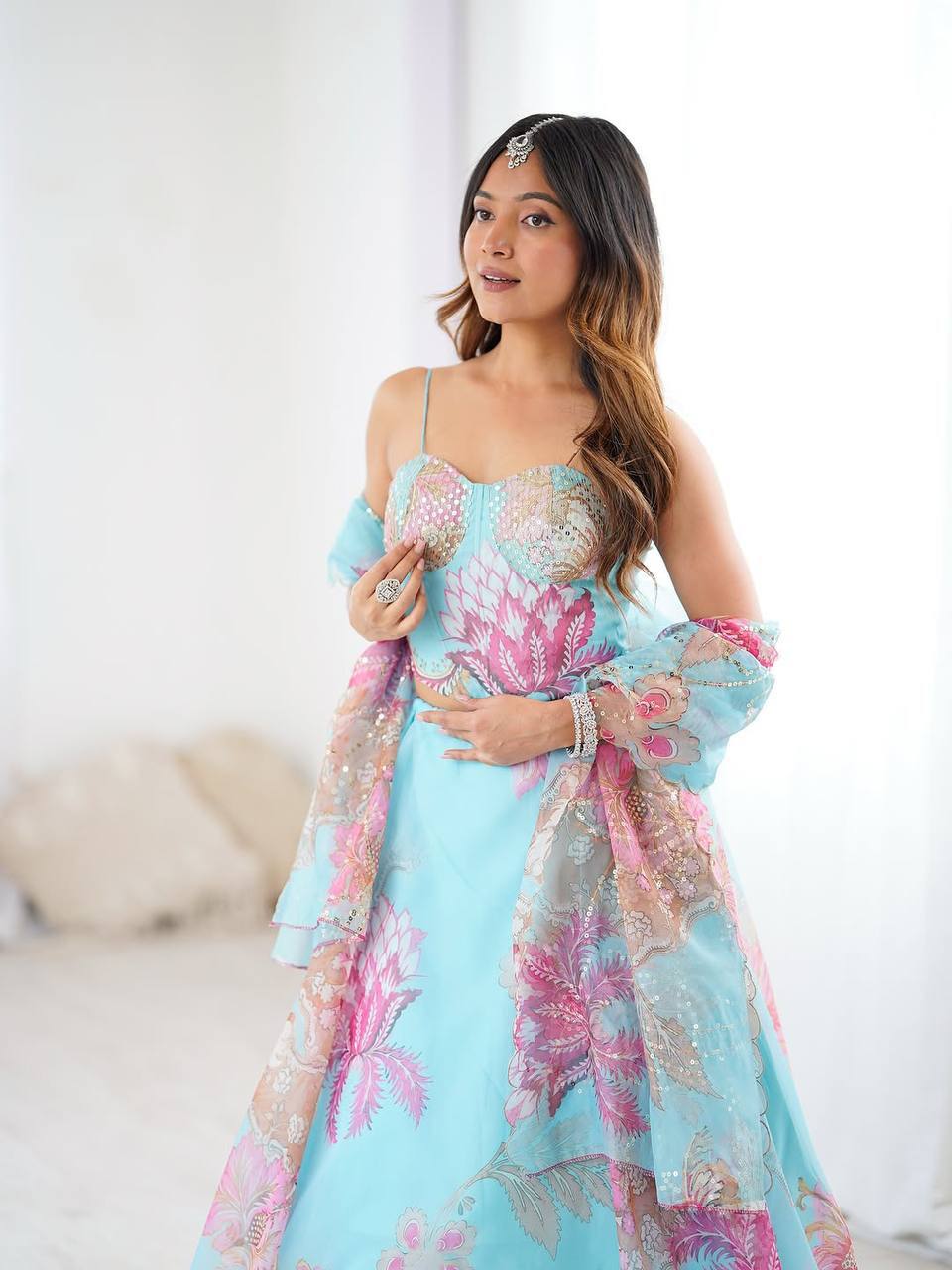 Laksharaa Sarees DIANA - Sky Blue Corset Style Partywear Lehenga Sky Blue Close-up on Model
