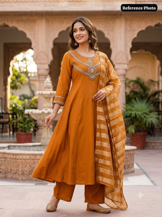 Laksharaa Sarees Festive Chanderi Cotton Kurti Set Burnt Orange Model Wearing