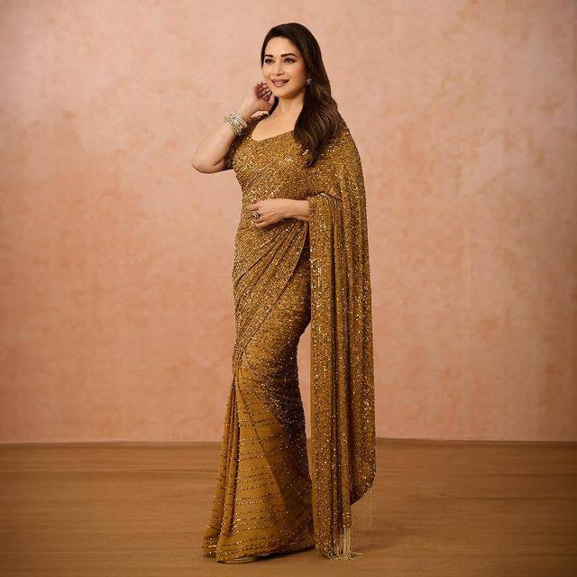ROYAL — Gold x Brownish Mustard Partywear Sequinned Saree