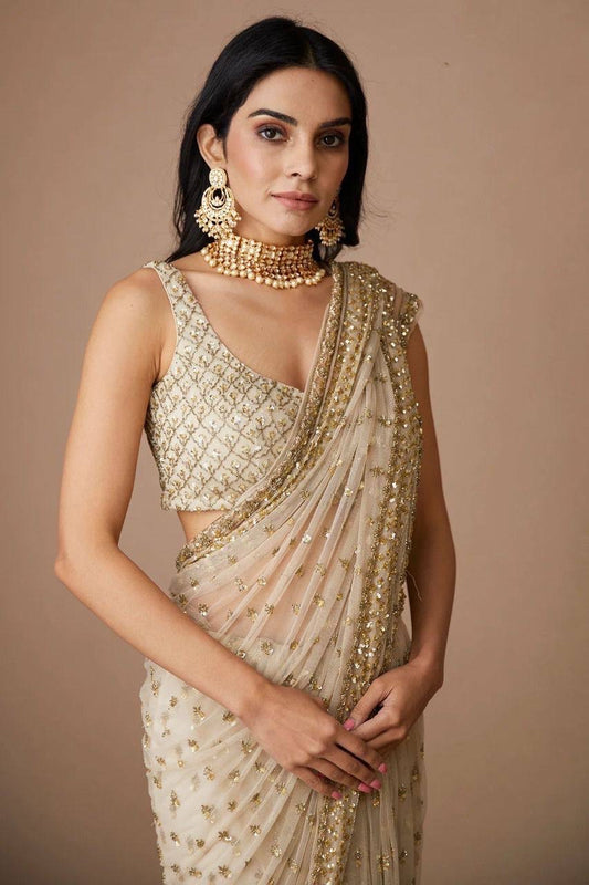 Golden cream stunning Party-wear net sequinned saree