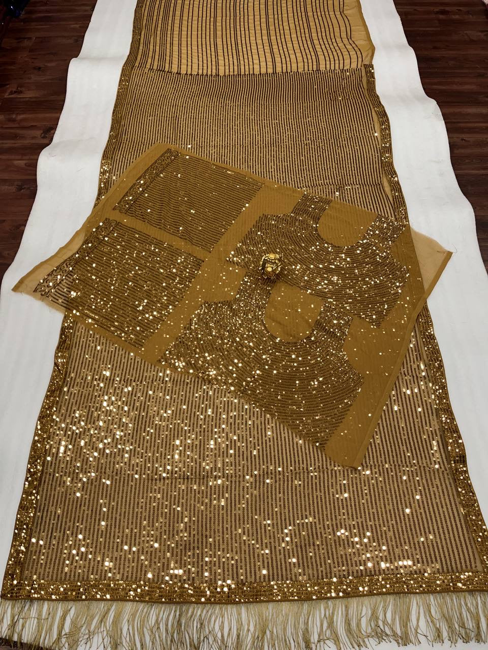 ROYAL — Gold x Brownish Mustard Partywear Sequinned Saree
