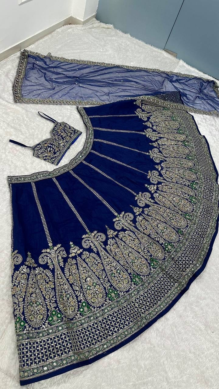 Real product photo: navy blue Thai silk lehenga, embroidery and fabric detail 6395