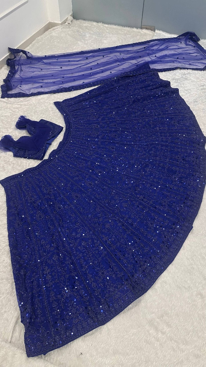 Real product photo: royal blue faux georgette sequin and dori lehenga detail 8076