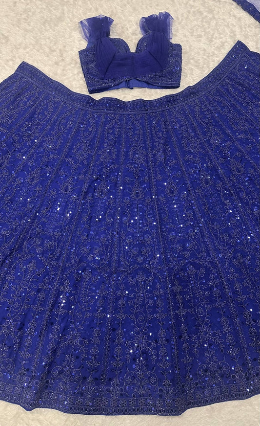 Real product photo: royal blue faux georgette sequin and dori lehenga detail 8079