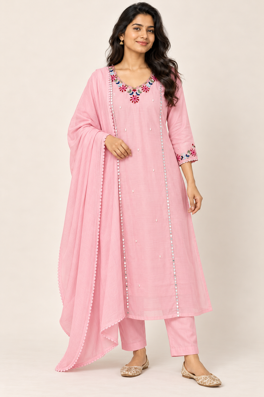 SONALI Blush Pink Mul Chanderi Kurti Set - Model angle