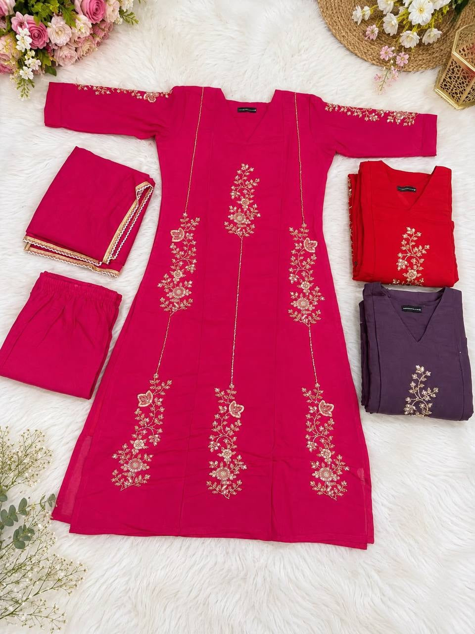 SUVIRA Floral Kurti Set original flat lay showing Pink, Red and Purple