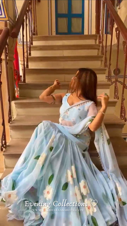 Laksharaa Sarees MAISY Aqua Lehenga Saree on Model Sitting on Stairs