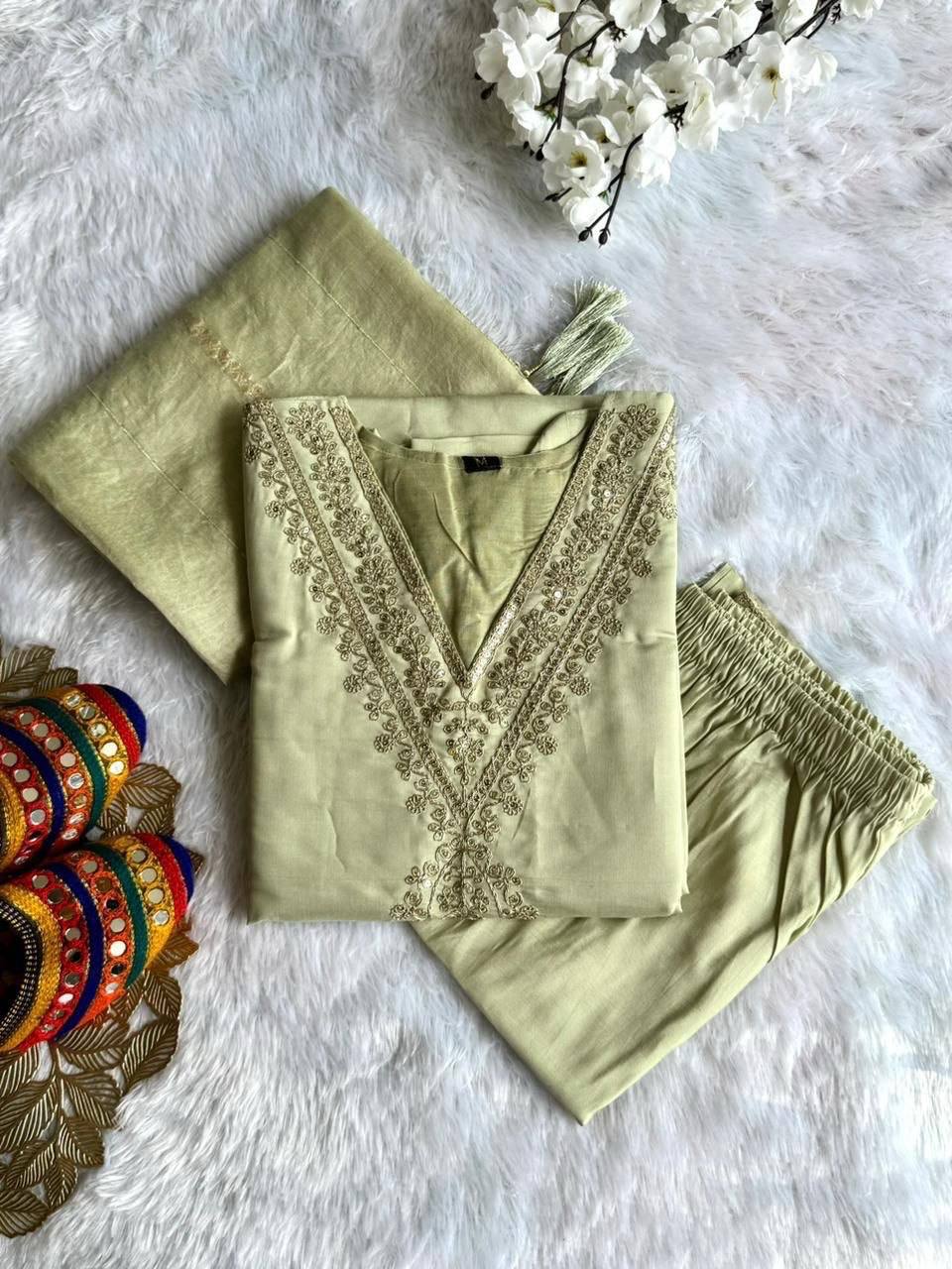Laksharaa Sarees Roman Silk Pastel Green Comfy Kurti Set Sage Green Front View