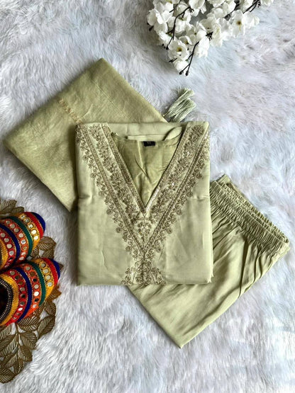 Laksharaa Sarees Roman Silk Pastel Green Comfy Kurti Set Sage Green Front View