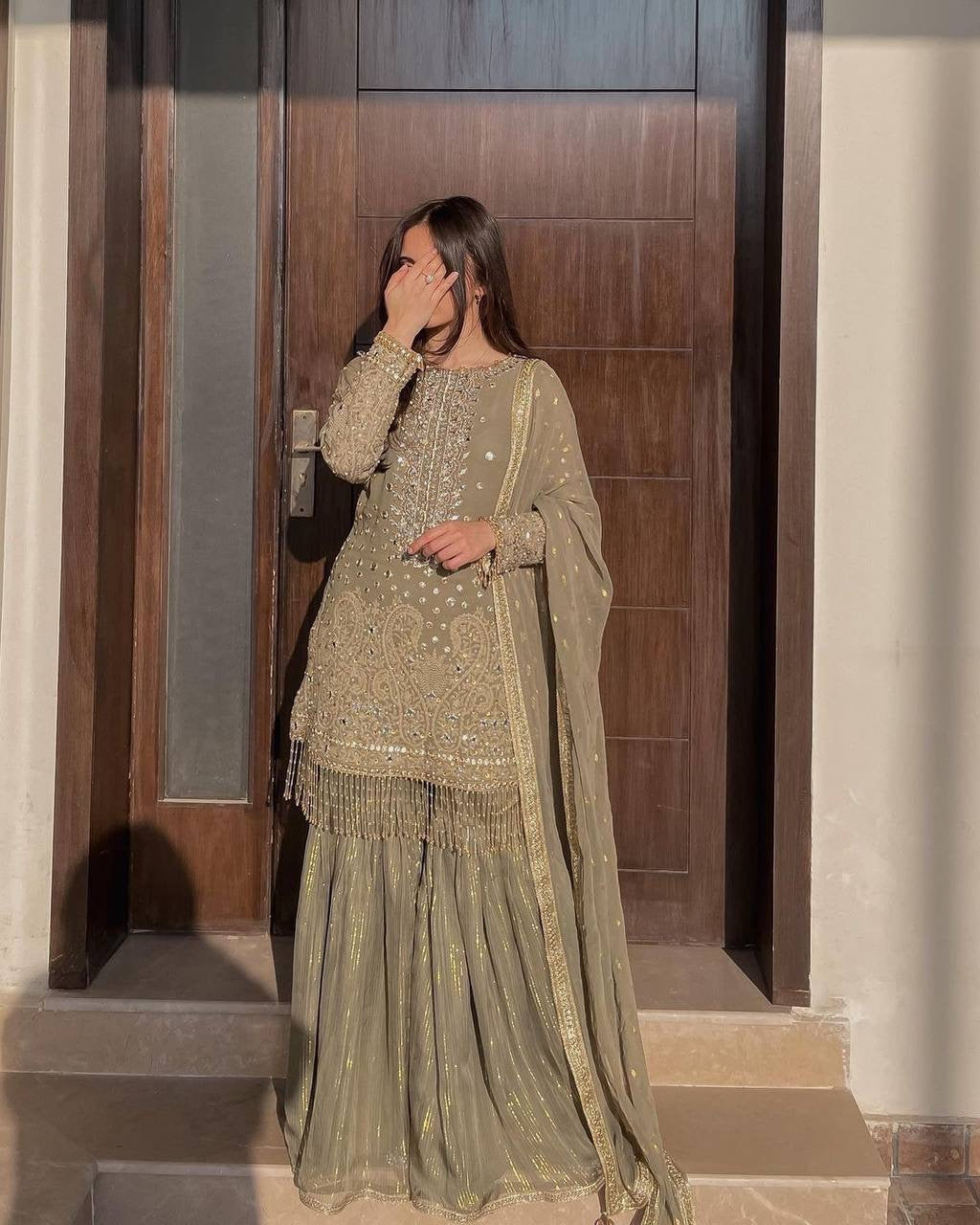 TAMANA - Olive Shimmery Sharara Suit