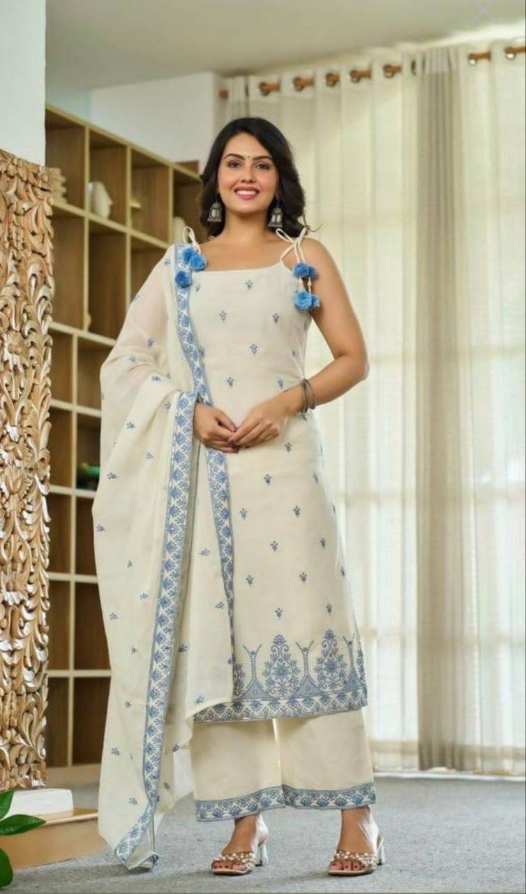 Laksharaa Sarees Maska Cotton Silk Kurta Set Off-White with Blue Embroidery Model Standing