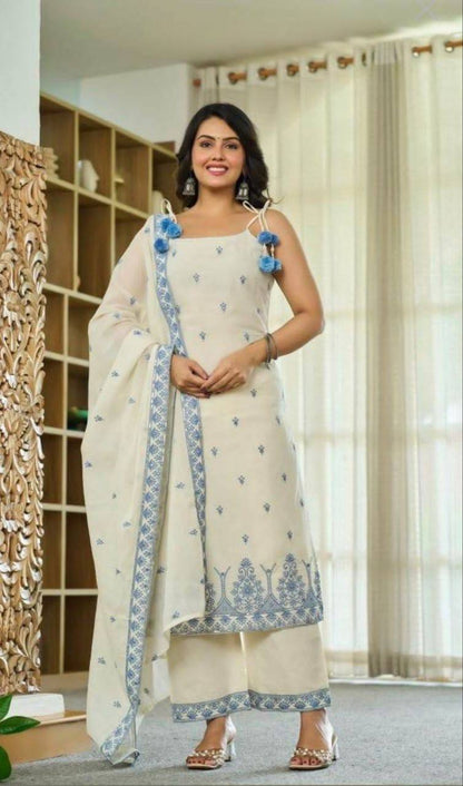 Laksharaa Sarees Maska Cotton Silk Kurta Set Off-White with Blue Embroidery Model Standing