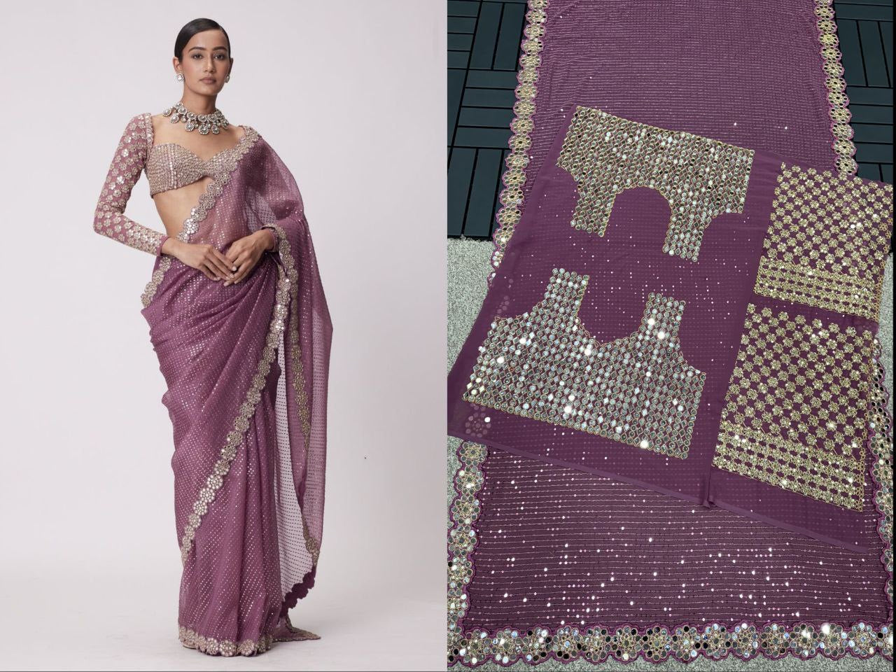 Purple Mirrorwork Designer Partywear Saree