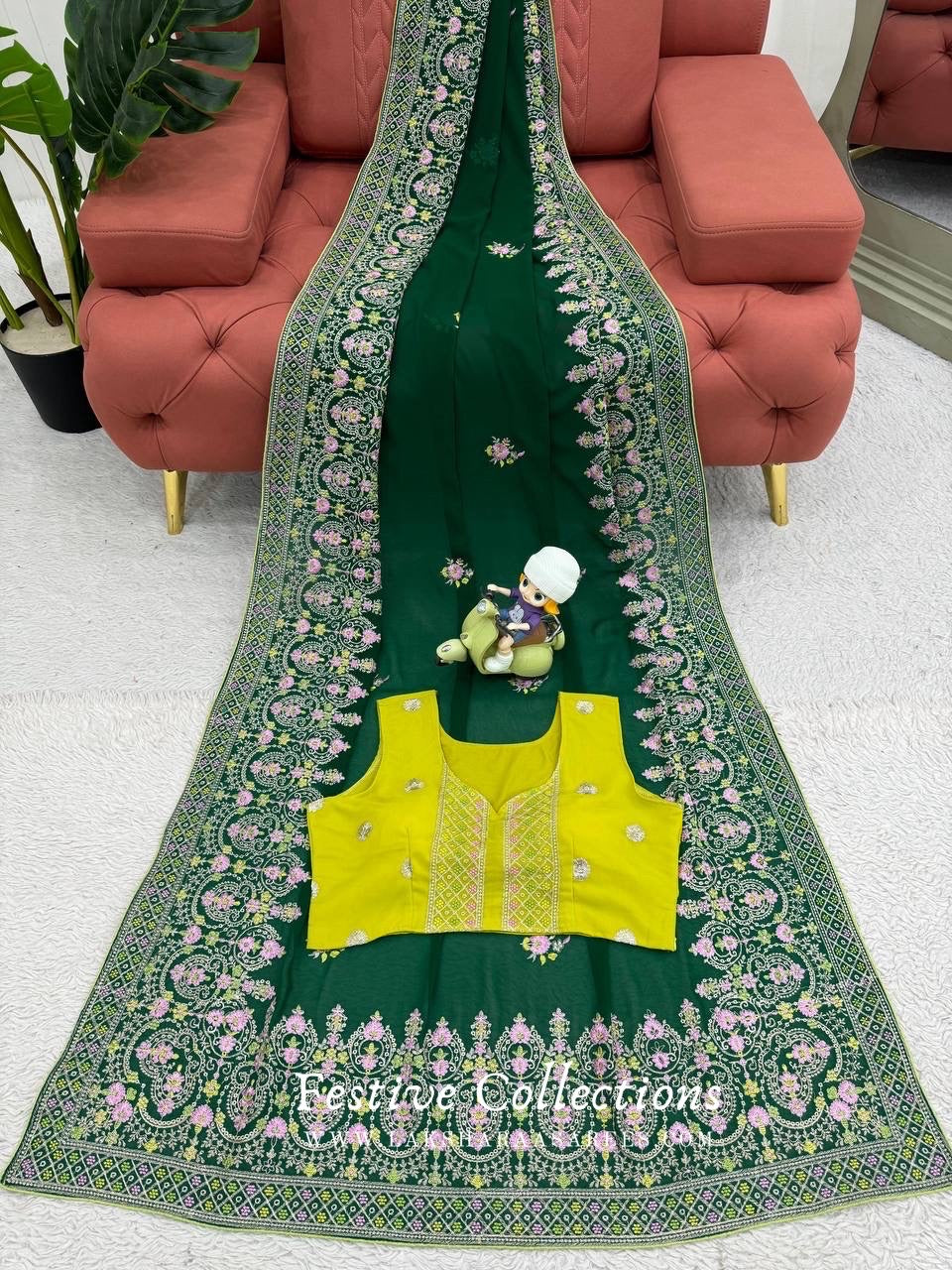 Green Floral Georgette Saree