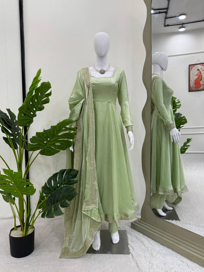 Pastel Shimmer Green Anarkali Suit