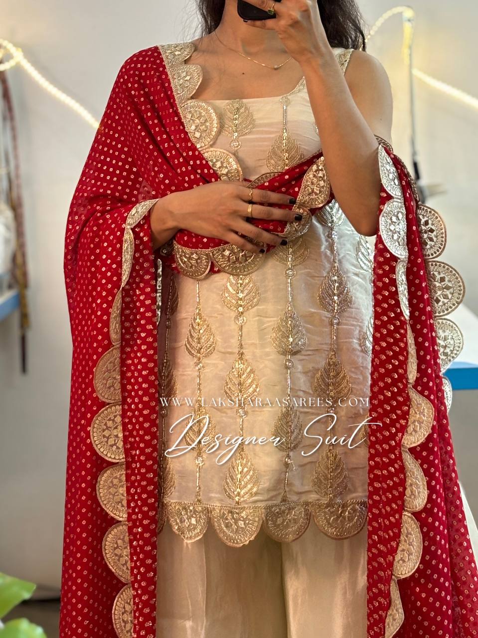 Laksharaa Sarees RESMA - Chinnon Designer Suit Off-White with Red Dupatta Draped View