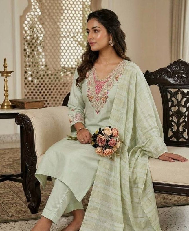 Laksharaa Sarees Embroidered Kurta Set Sage Green Sitting Pose