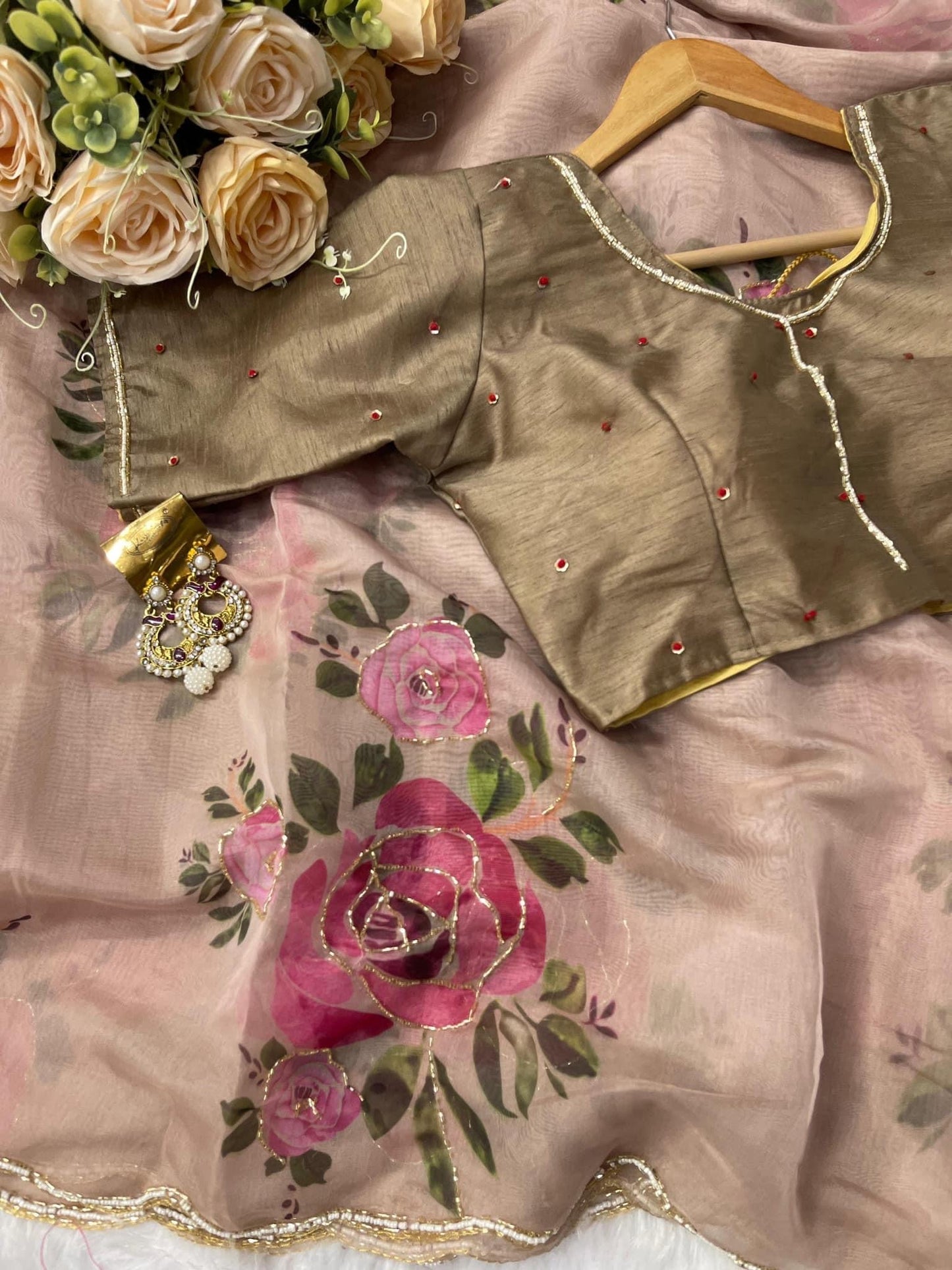 Brownish Rose Organza Saree paired with Readymade Blouse 🌹