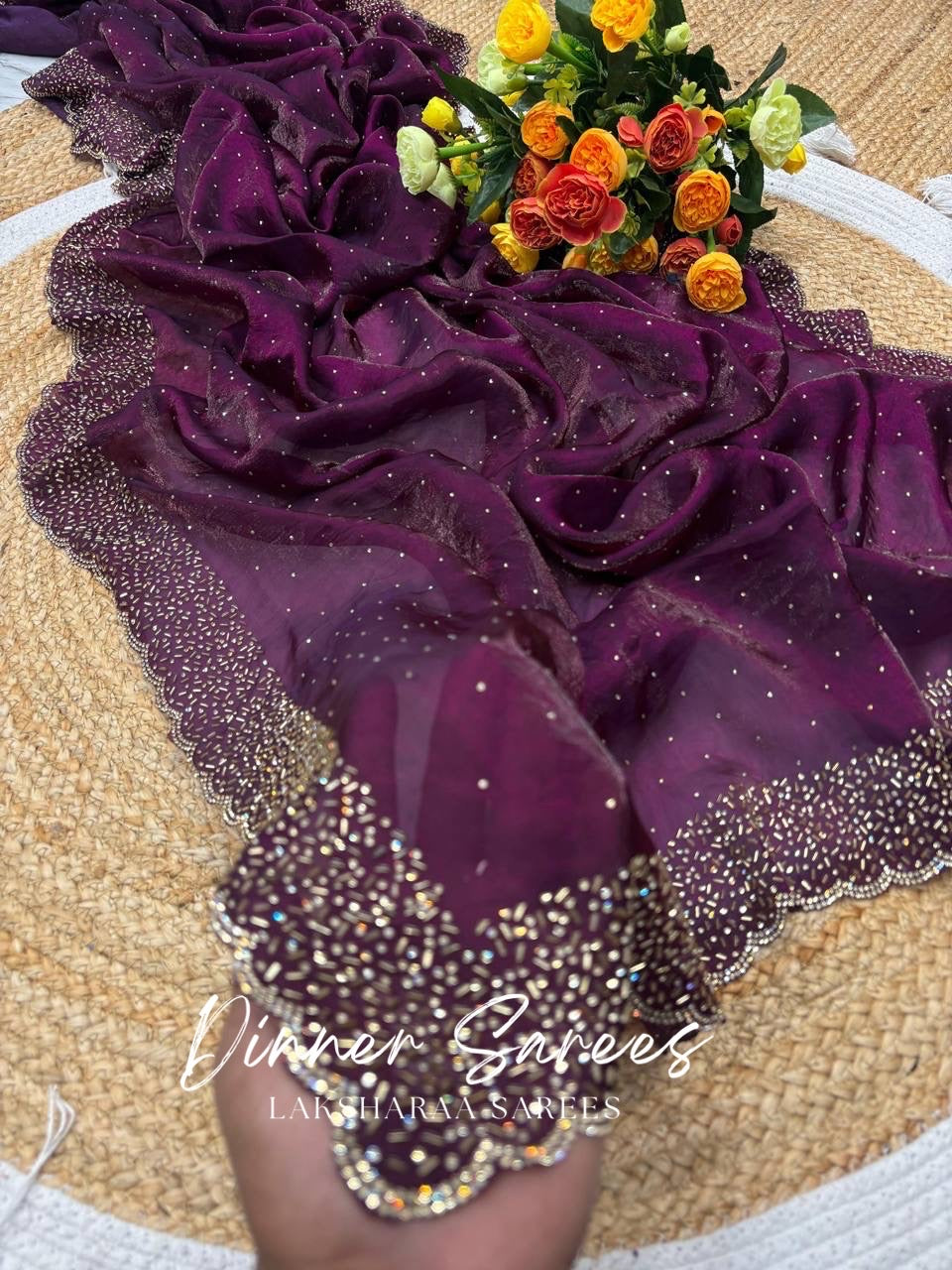 NAYLAA - Space dinner saree with stone border