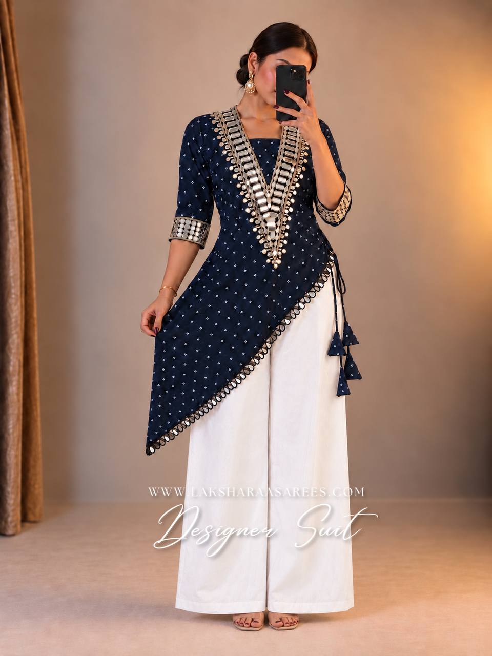 Laksharaa Sarees LYDIA Casual Georgette Mirror Work Top Palazzo Suit Navy Blue Worn by Model
