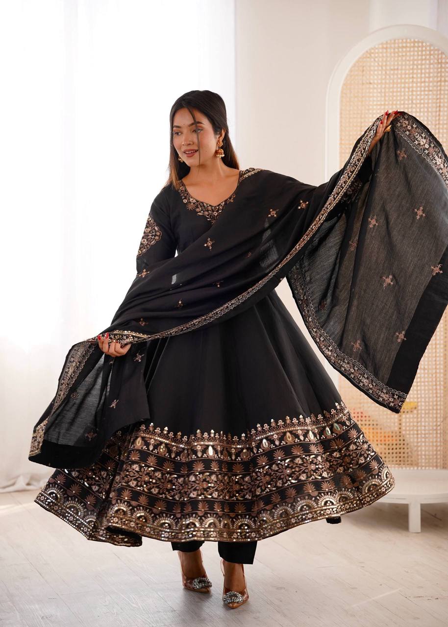 Laksharaa Sarees NAVIRA — Roman Silk Anarkali Suit Black Front View