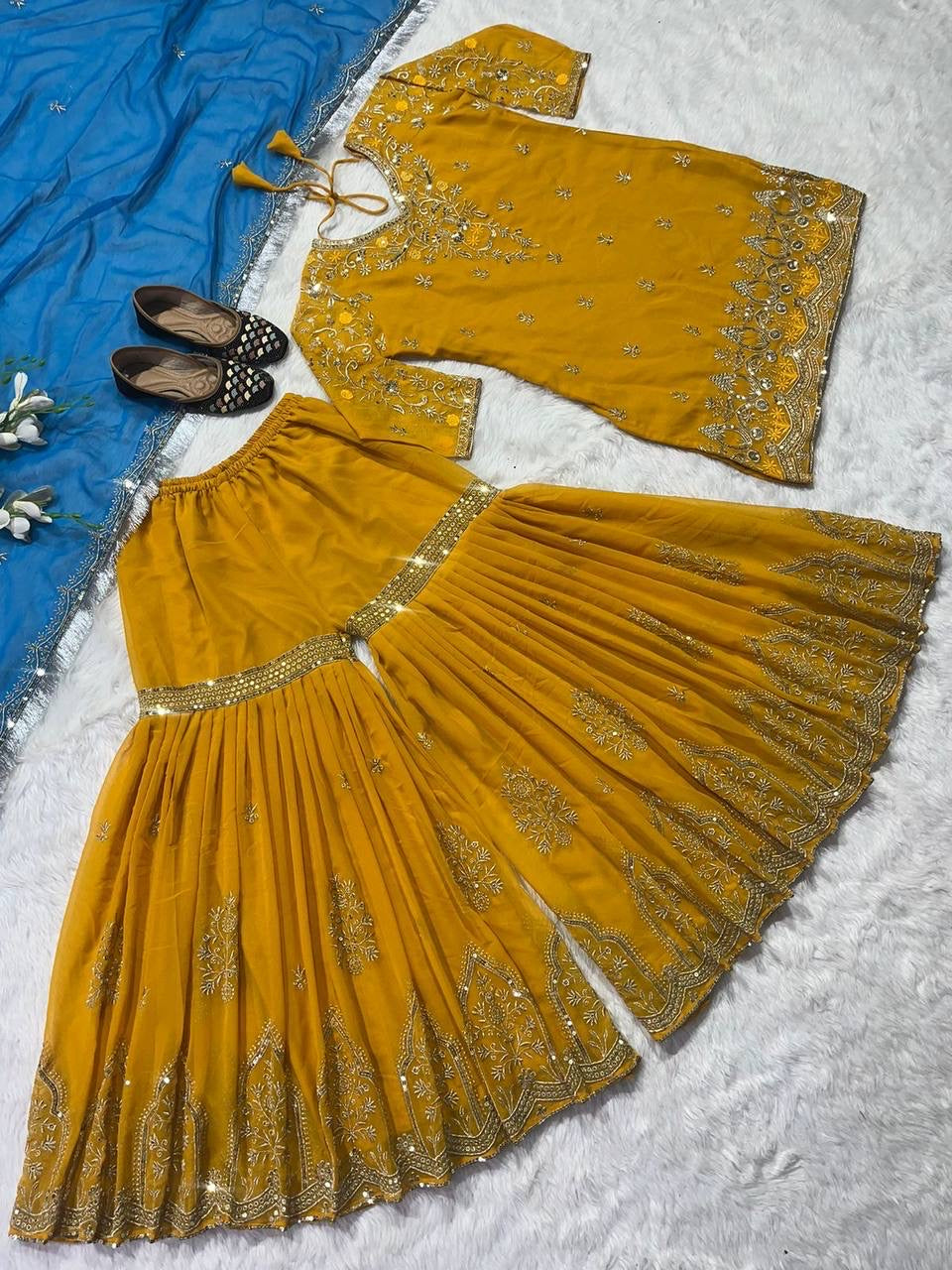 Abeeha Mustard X Blue Sharara Suit