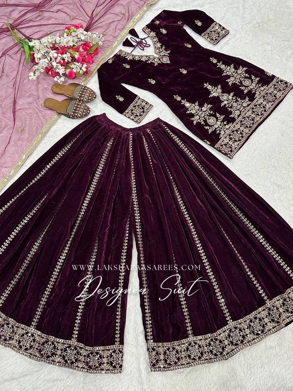 Laksharaa Sarees TABITHA velvet Sharara suit Burgundy flat lay full view