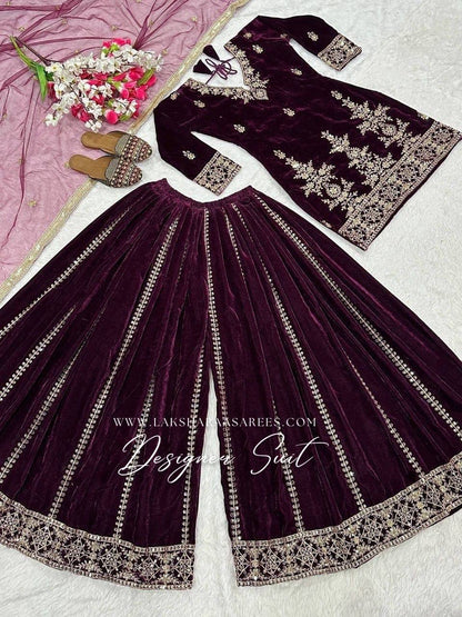Laksharaa Sarees TABITHA velvet Sharara suit Burgundy flat lay full view
