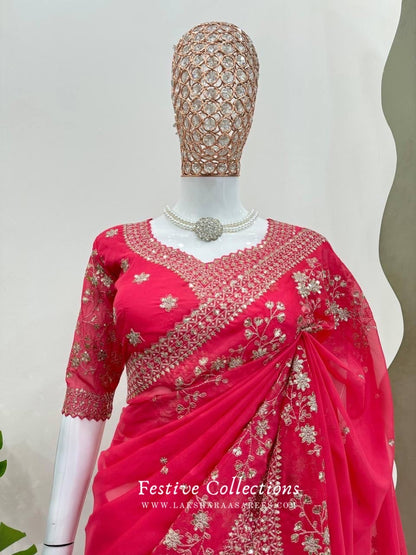 RADHIKA - Pink Partywear Georgette Saree x Beautiful Floral motif