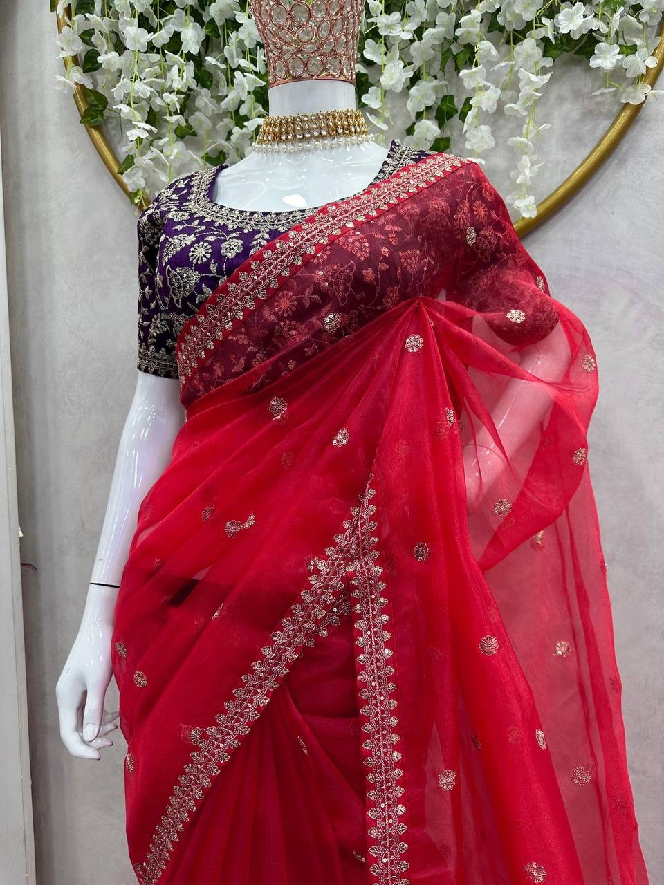 RICHA - Red Georgette Saree x Purple Designer Blouse