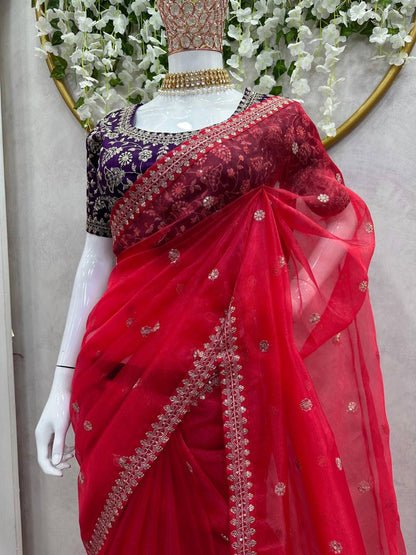 RICHA - Red Georgette Saree x Purple Designer Blouse