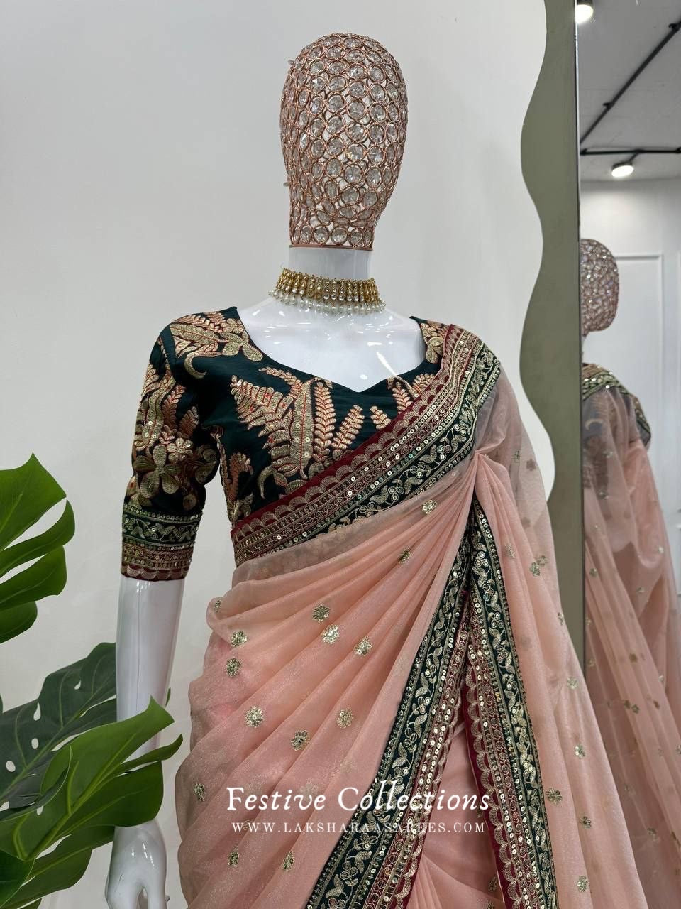 SAKSHII - Peach Partywear Shimmer Net Saree x Green Designer Blouse